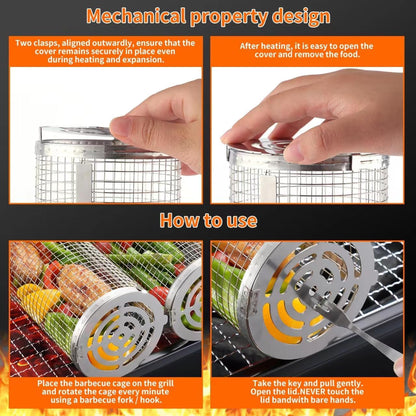 BBQ Grill Basket - Rotating Barbecue Basket - Stainless Steel Vegetable Basket - Fish Rack - Grill Basket - Barbecue Accessories - Cylinder Basket - BBQ Tool - With Oil Sprayer and Forks - Heat Resistant - Dishwasher Safe - Camping Cooking - Silver - 2 Pi