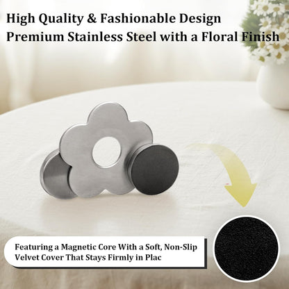 Tablecloth clips - Tablecloth weights - Magnetic clips - Tablecloth holder - Garden accessories - Picnic accessories - Windstopper tablecloth - Table accessories - Outdoor dining - Magnetic weight - Leaf design - Silver - 8 pieces