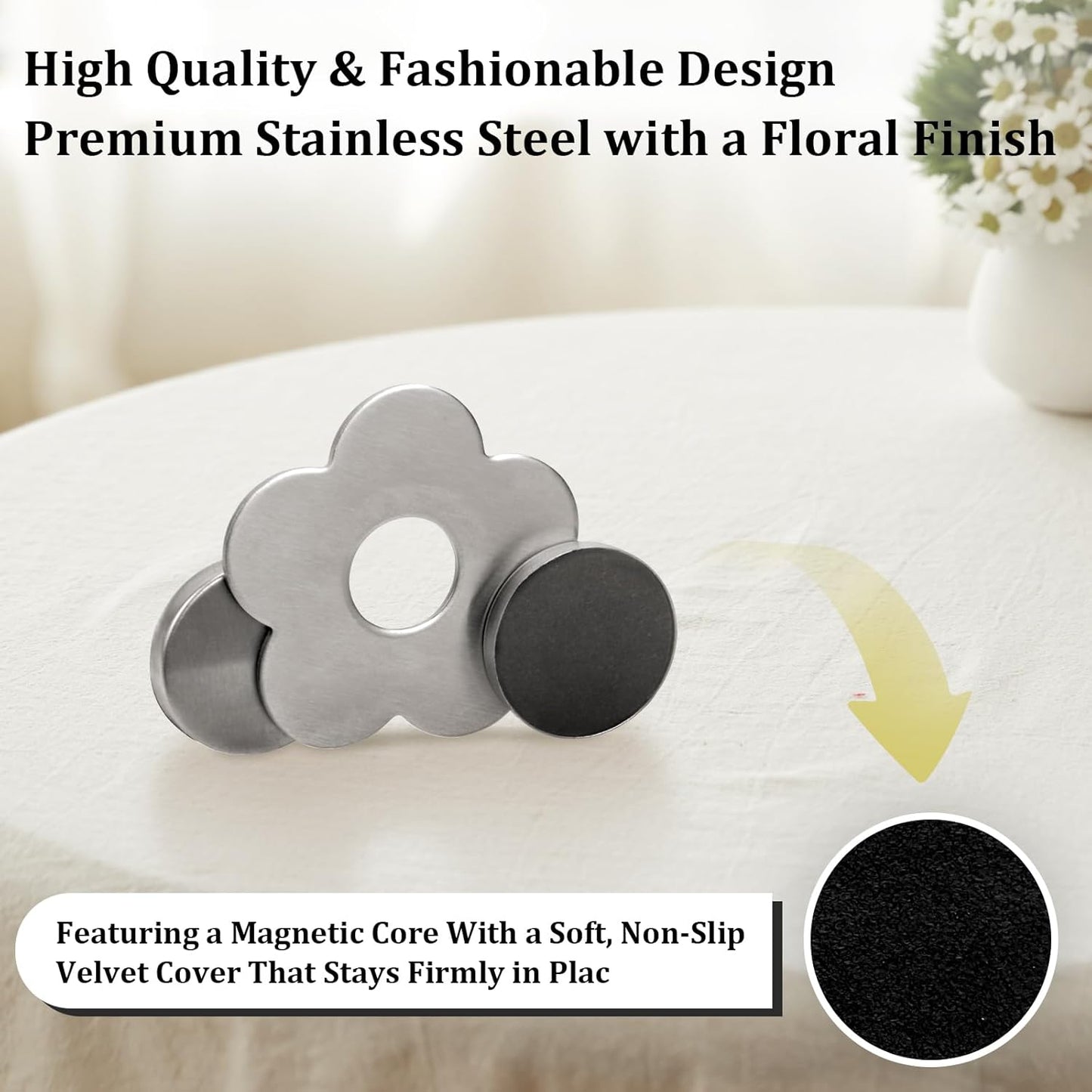 Tablecloth clips - Tablecloth weights - Magnetic clips - Tablecloth holder - Garden accessories - Picnic accessories - Windstopper tablecloth - Table accessories - Outdoor dining - Magnetic weight - Flower design - Silver - 8 pieces