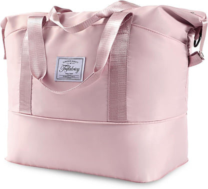 Travel Duffel Bag - Large Shoulder Weekender Overnight Bag, Carry on Bags with Wet Pocket, Waterproof Expandable Duffel Bags with Trolley Sleeve for Sports Travel Gym, Pink