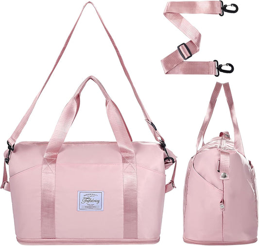 Travel Duffel Bag - Large Shoulder Weekender Overnight Bag, Carry on Bags with Wet Pocket, Waterproof Expandable Duffel Bags with Trolley Sleeve for Sports Travel Gym, Pink