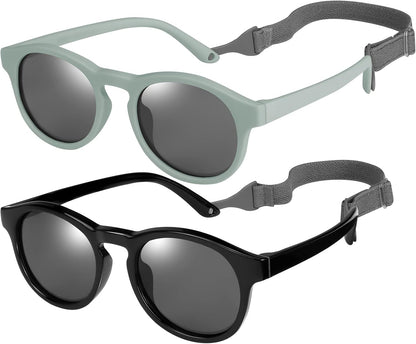 2 PCS Baby Toddler Sunglasses with Strap Kids Polarized Sun Glasses UV-400 Flexible Frame Unbreakable Sunglasses for Boys and Girls Age 0-3