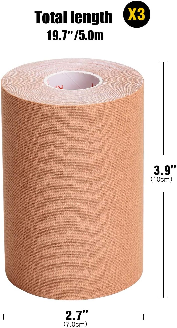 3 Pack Kinesiology Tape, 4in x 5.5yd Water Resistant Muscle Support Adhesive Sport Tape for Pain Relief, Latex Free Cotton Elastic Athletic Tape for Joints, Knee, Ankle, Shoulder, Wrist