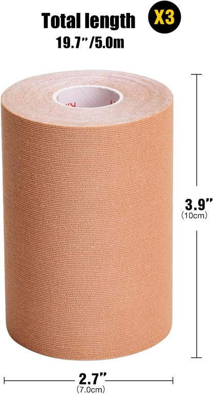 3 Pack Kinesiology Tape, 4in x 5.5yd Water Resistant Muscle Support Adhesive Sport Tape for Pain Relief, Latex Free Cotton Elastic Athletic Tape for Joints, Knee, Ankle, Shoulder, Wrist