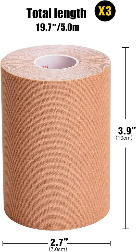 3 Pack Kinesiology Tape, 4in x 5.5yd Water Resistant Muscle Support Adhesive Sport Tape for Pain Relief, Latex Free Cotton Elastic Athletic Tape for Joints, Knee, Ankle, Shoulder, Wrist