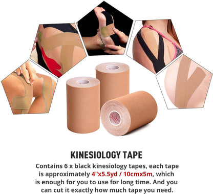 3 Pack Kinesiology Tape, 4in x 5.5yd Water Resistant Muscle Support Adhesive Sport Tape for Pain Relief, Latex Free Cotton Elastic Athletic Tape for Joints, Knee, Ankle, Shoulder, Wrist