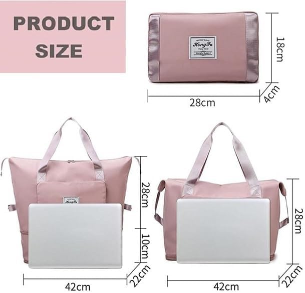 Foldable Travel Duffel Bag for Women, Large Capacity Folding Sports Gym Bag, Lightweight Waterproof Bag Holdall Tote Carry on Hand Luggage Overnight Weekender Bag Hospital Bag for Men Women (Pink)