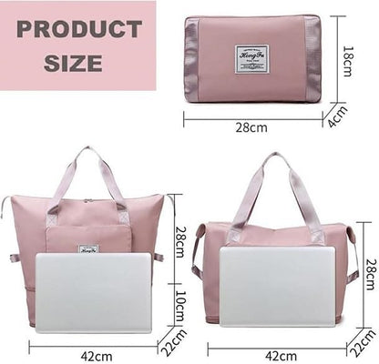 Foldable Travel Duffel Bag for Women, Large Capacity Folding Sports Gym Bag, Lightweight Waterproof Bag Holdall Tote Carry on Hand Luggage Overnight Weekender Bag Hospital Bag for Men Women (Pink)