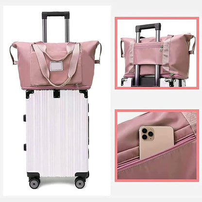 Foldable Travel Duffel Bag for Women, Large Capacity Folding Sports Gym Bag, Lightweight Waterproof Bag Holdall Tote Carry on Hand Luggage Overnight Weekender Bag Hospital Bag for Men Women (Pink)