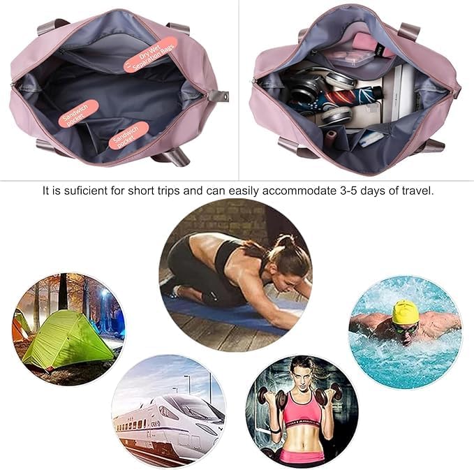 Foldable Travel Duffel Bag for Women, Large Capacity Folding Sports Gym Bag, Lightweight Waterproof Bag Holdall Tote Carry on Hand Luggage Overnight Weekender Bag Hospital Bag for Men Women (Pink)