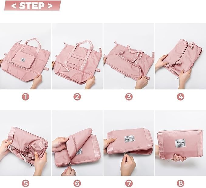 Foldable Travel Duffel Bag for Women, Large Capacity Folding Sports Gym Bag, Lightweight Waterproof Bag Holdall Tote Carry on Hand Luggage Overnight Weekender Bag Hospital Bag for Men Women (Pink)