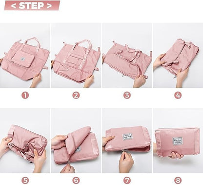 Foldable Travel Duffel Bag for Women, Large Capacity Folding Sports Gym Bag, Lightweight Waterproof Bag Holdall Tote Carry on Hand Luggage Overnight Weekender Bag Hospital Bag for Men Women (Pink)