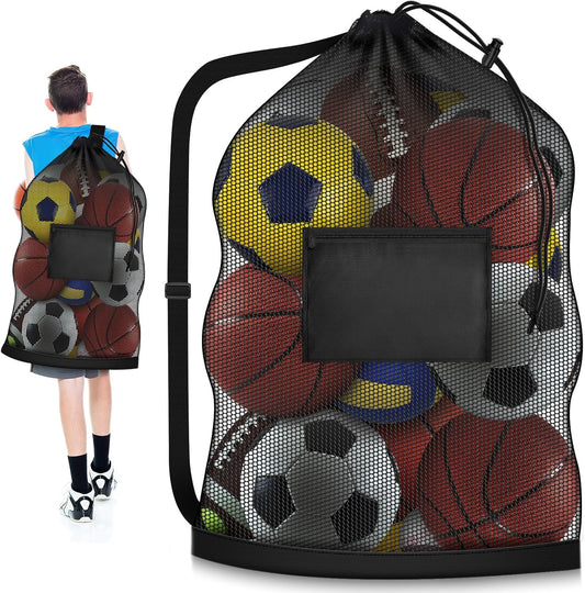 Football bag - Extra large - 40" x 30" - Drawstring - Mesh - Ball bag - With pockets - Mesh sports bag - Basketball, volleyball, fitness equipment, swimwear - Storage bag