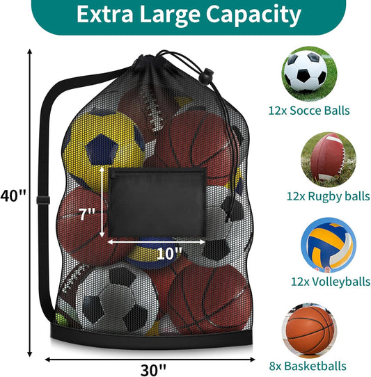 Football bag - Extra large - 40" x 30" - Drawstring - Mesh - Ball bag - With pockets - Mesh sports bag - Basketball, volleyball, fitness equipment, swimwear - Storage bag