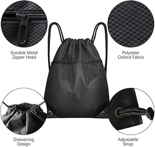 Trekkoord sports bag - large sports bag with PE pocket and external zip - waterproof drawstring swim backpack for men, women, boys and girls - sports, school, beach holiday, swimming, travel, yoga