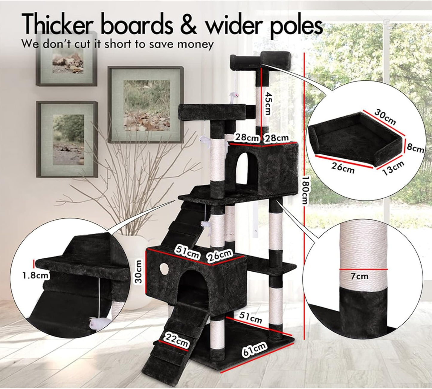 CARLA HOME 180cm Cat Tree Tower for Indoor Cats with Dual Condos, Plush Perches, Sisal Scratching Posts & Ramps for Kittens & Adult Cats (Black)