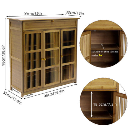 Wooden Shoe Rack XL 4 Tier 3 Doors Drawers Shelves Cabinet Organizer