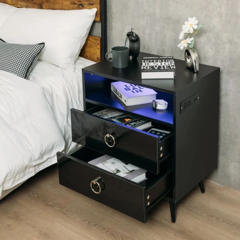 Modern LED Bedside table with USB and power socket Black
