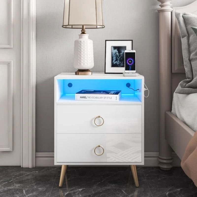 Modern LED Bedside table with USB and power socket White