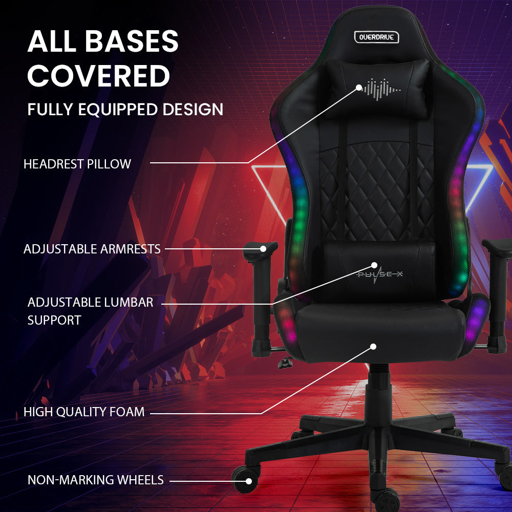 Gaming Chair, with Bluetooth Speakers, RGB LED Lights, Reclining Game Armchair, Black