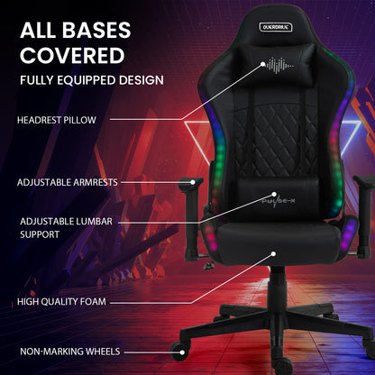 Gaming Chair, with Bluetooth Speakers, RGB LED Lights, Reclining Game Armchair, Black