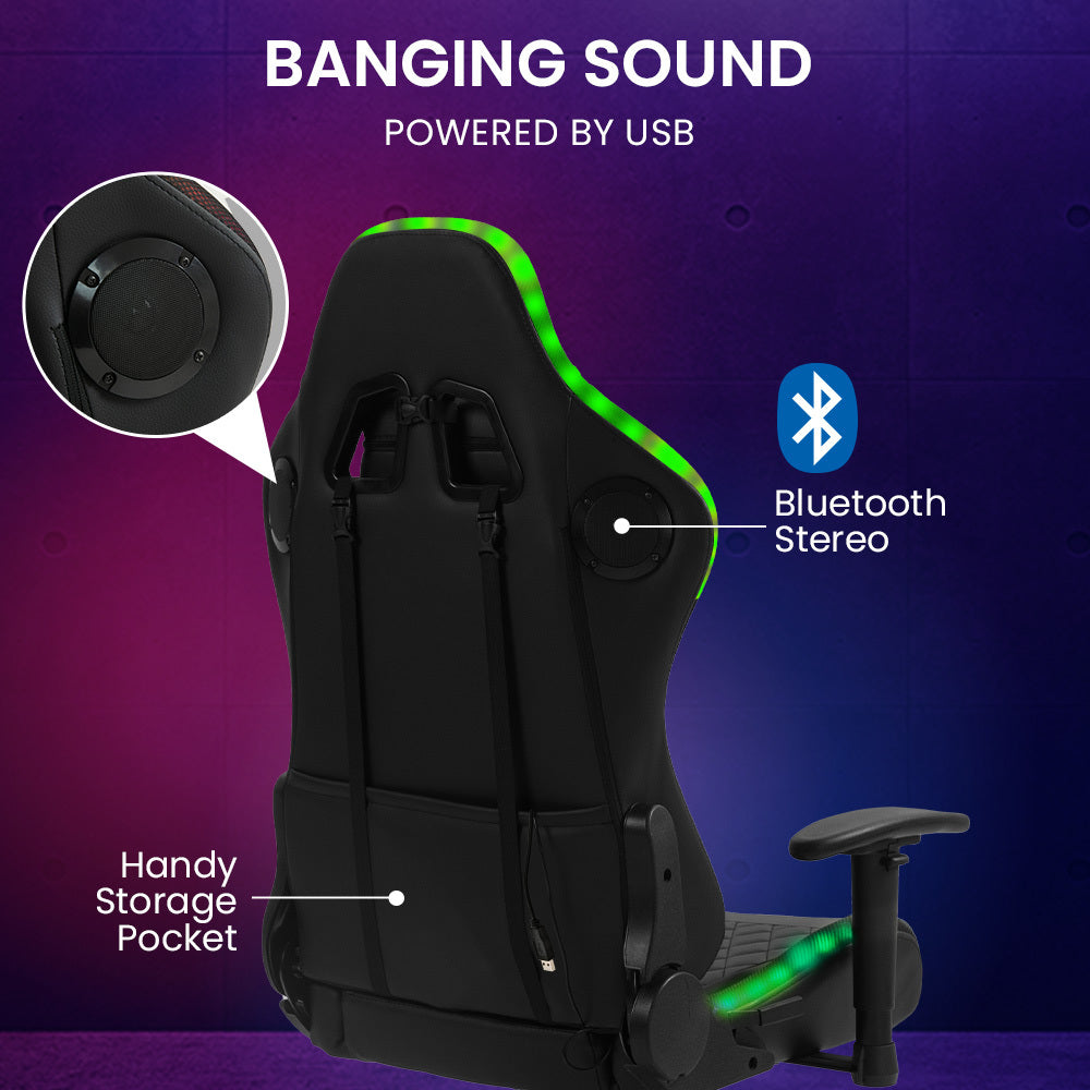 Gaming Chair, with Bluetooth Speakers, RGB LED Lights, Reclining Game Armchair, Black