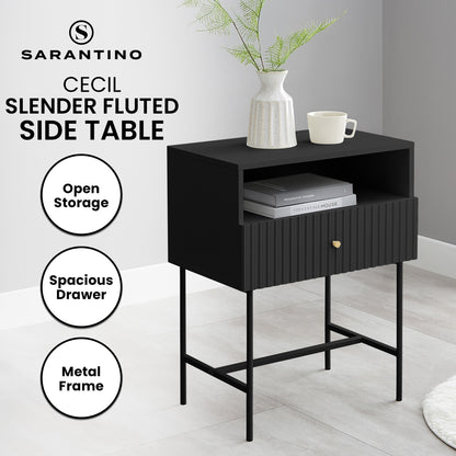Cecil Slender Fluted Bedside Table in Black