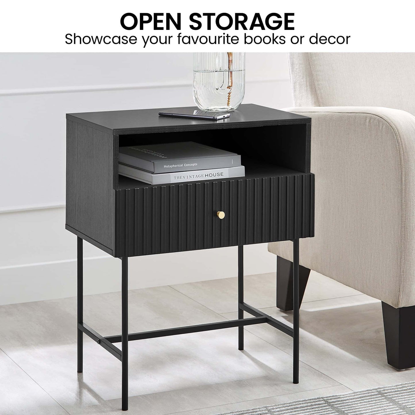 Best Cecil Slender Fluted Bedside Table in Black | Buy Online at Furniture Things Australia