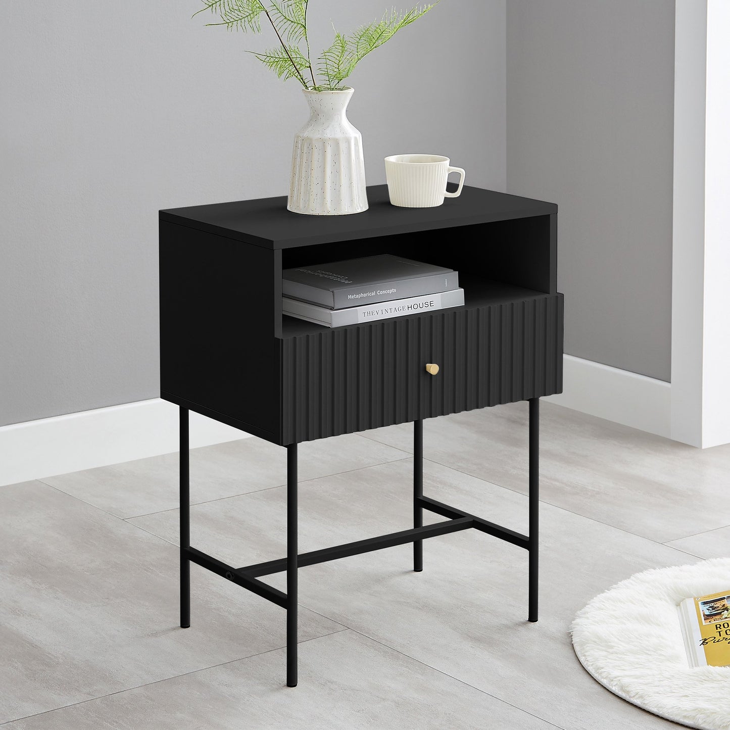 Cecil Slender Fluted Bedside Table in Black