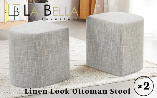 2X Ottoman Stool Linen Fabric Pouf Seat - Cream Grey