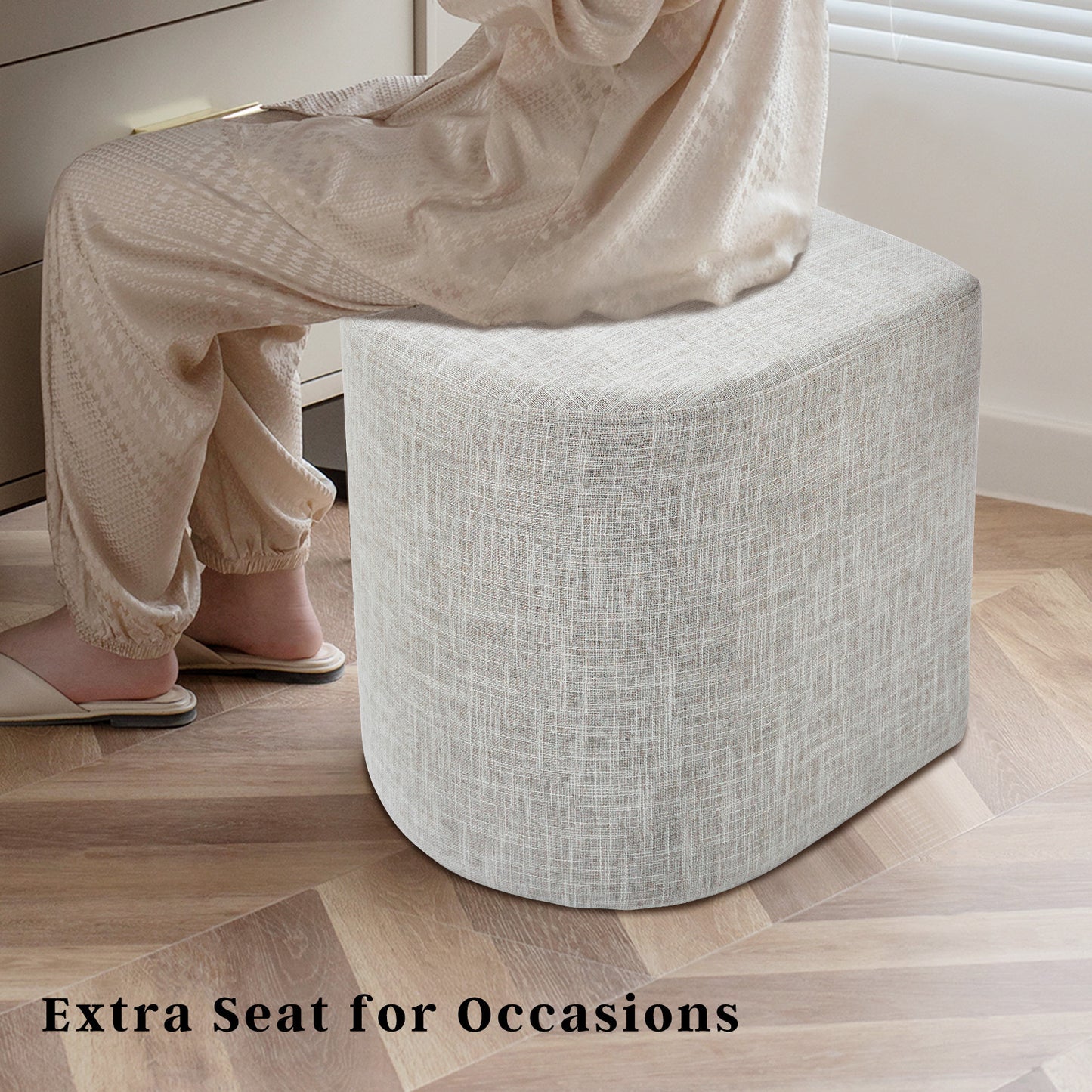 2X Ottoman Stool Linen Fabric Pouf Seat - Cream Grey