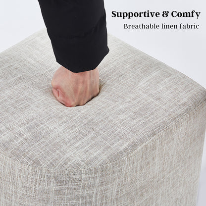 2X Ottoman Stool Linen Fabric Pouf Seat - Cream Grey
