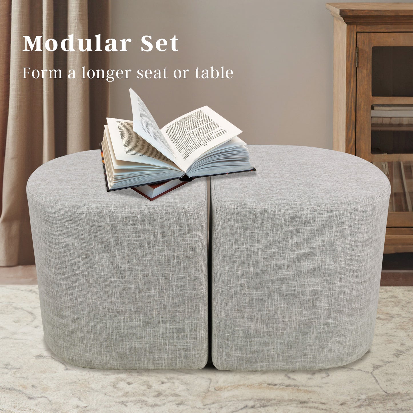 2X Ottoman Stool Linen Fabric Pouf Seat - Cream Grey