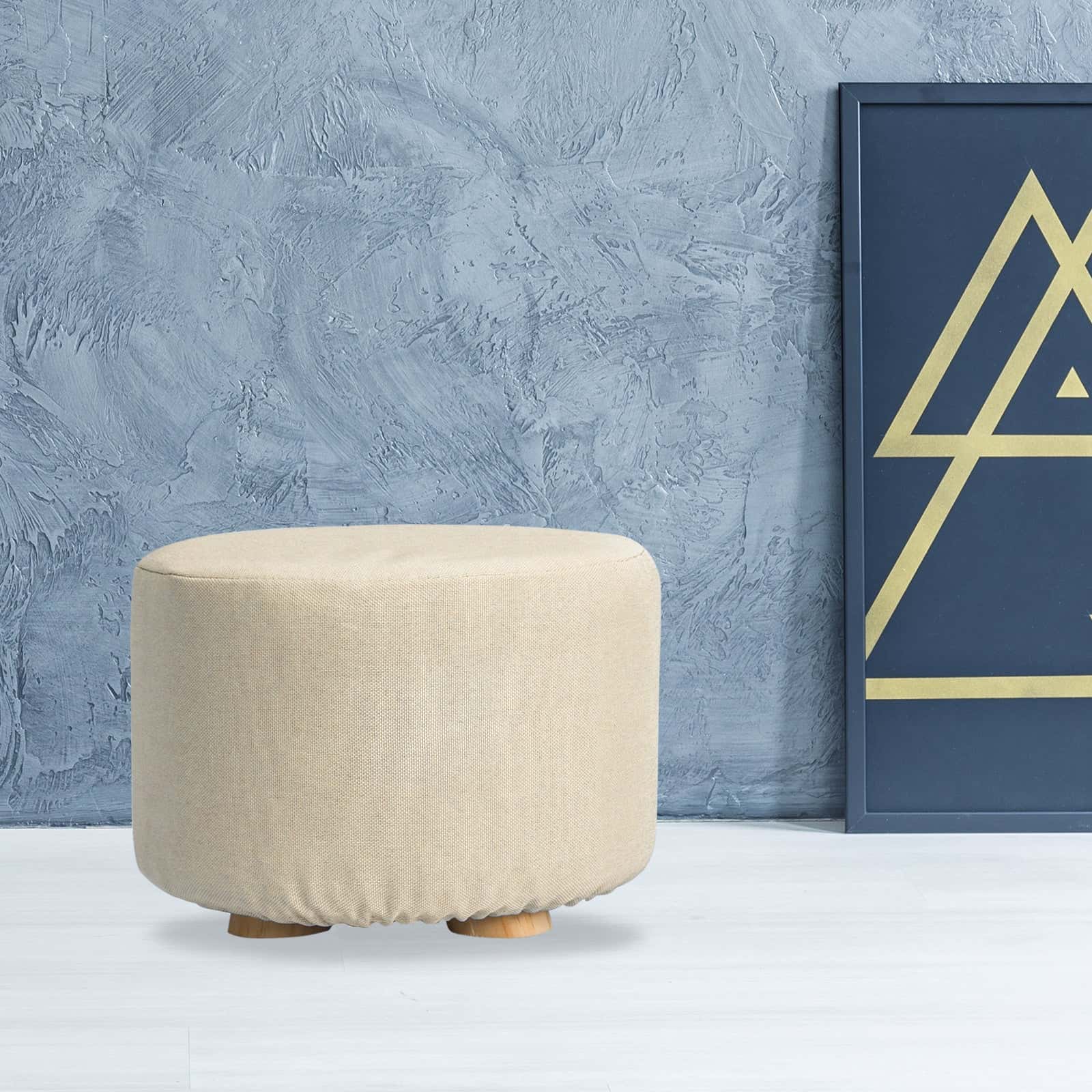 Best Fabric Ottoman Round Wooden Leg Foot Stool - BEIGE | Buy Online at Furniture Things Australia