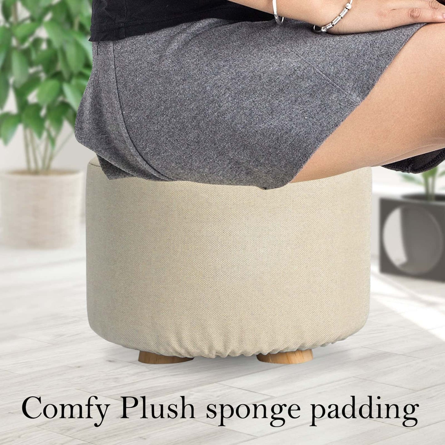 Best 2X Fabric Ottoman Round Wooden Leg Foot Stool - BEIGE | Buy Online at Furniture Things Australia