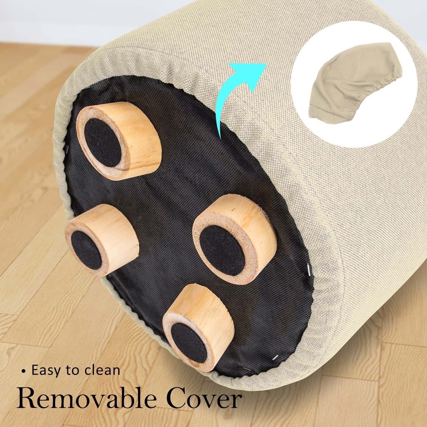 Best 2X Fabric Ottoman Round Wooden Leg Foot Stool - BEIGE | Buy Online at Furniture Things Australia