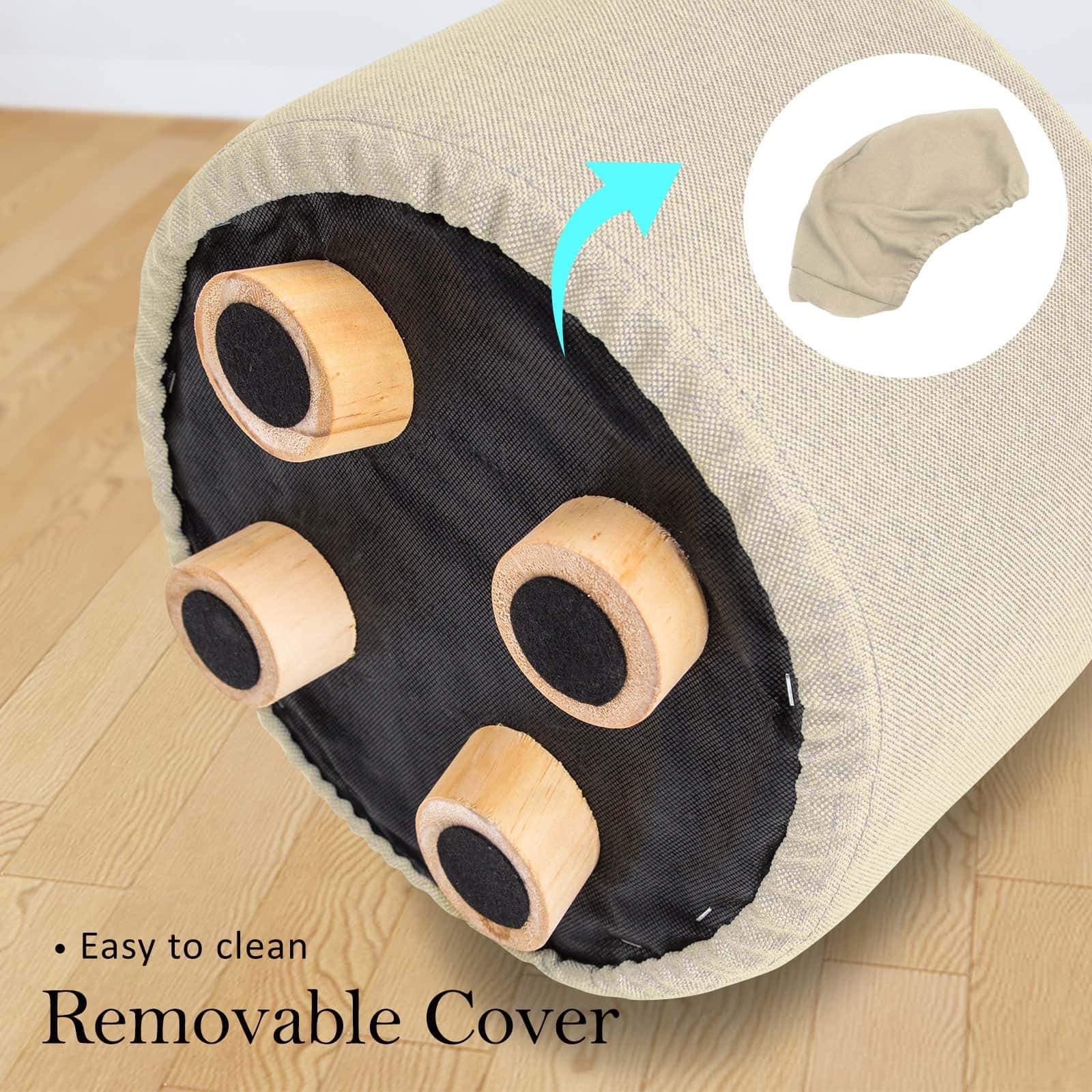 Best 2X Fabric Ottoman Round Wooden Leg Foot Stool - BEIGE | Buy Online at Furniture Things Australia
