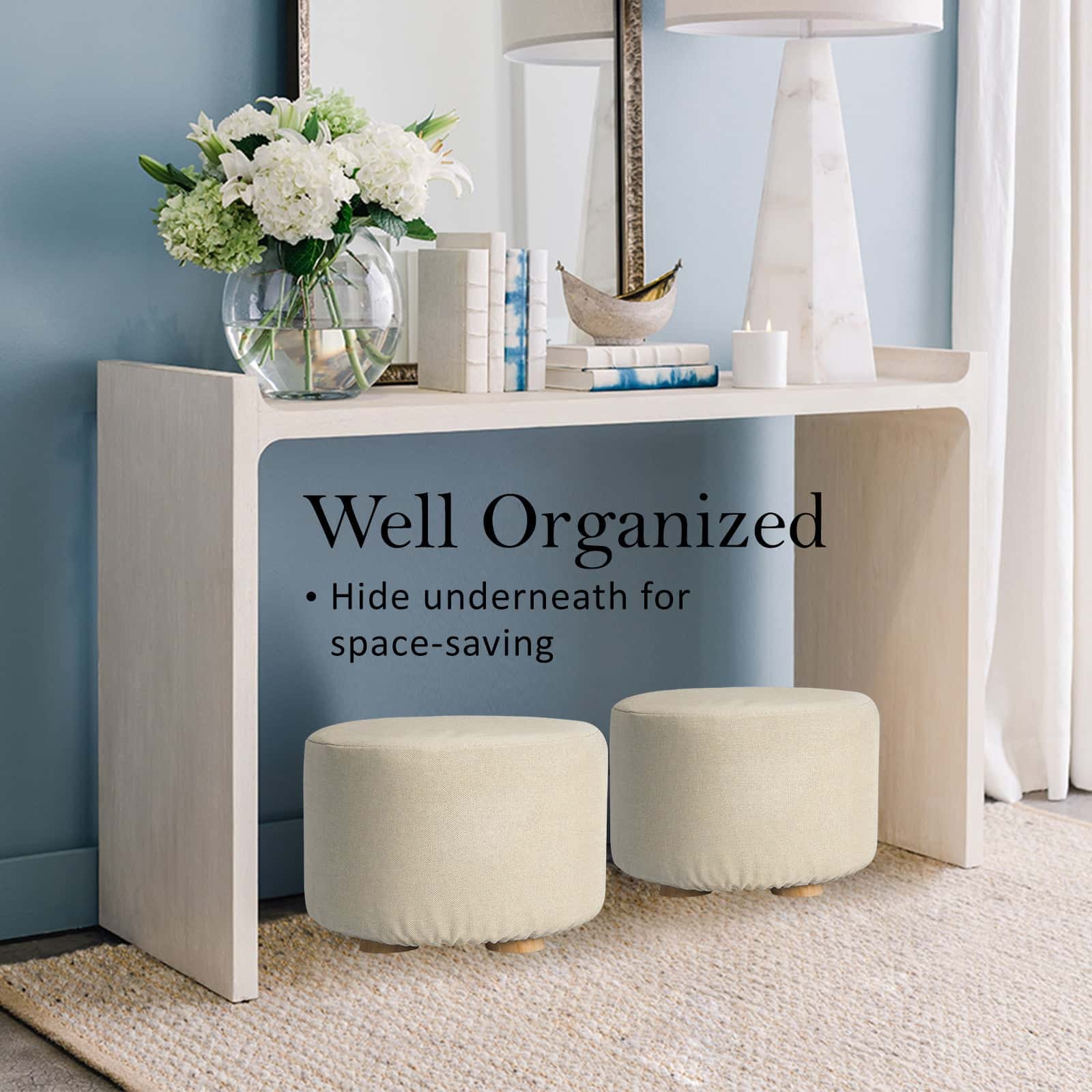 Best 2X Fabric Ottoman Round Wooden Leg Foot Stool - BEIGE | Buy Online at Furniture Things Australia