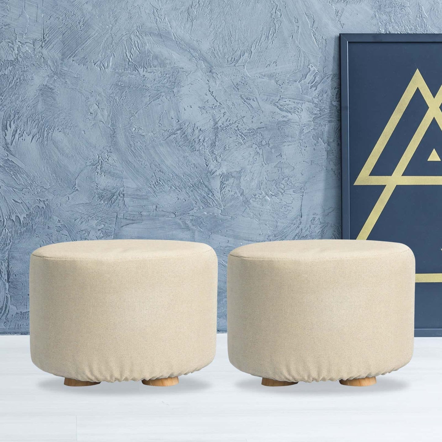 Best 2X Fabric Ottoman Round Wooden Leg Foot Stool - BEIGE | Buy Online at Furniture Things Australia