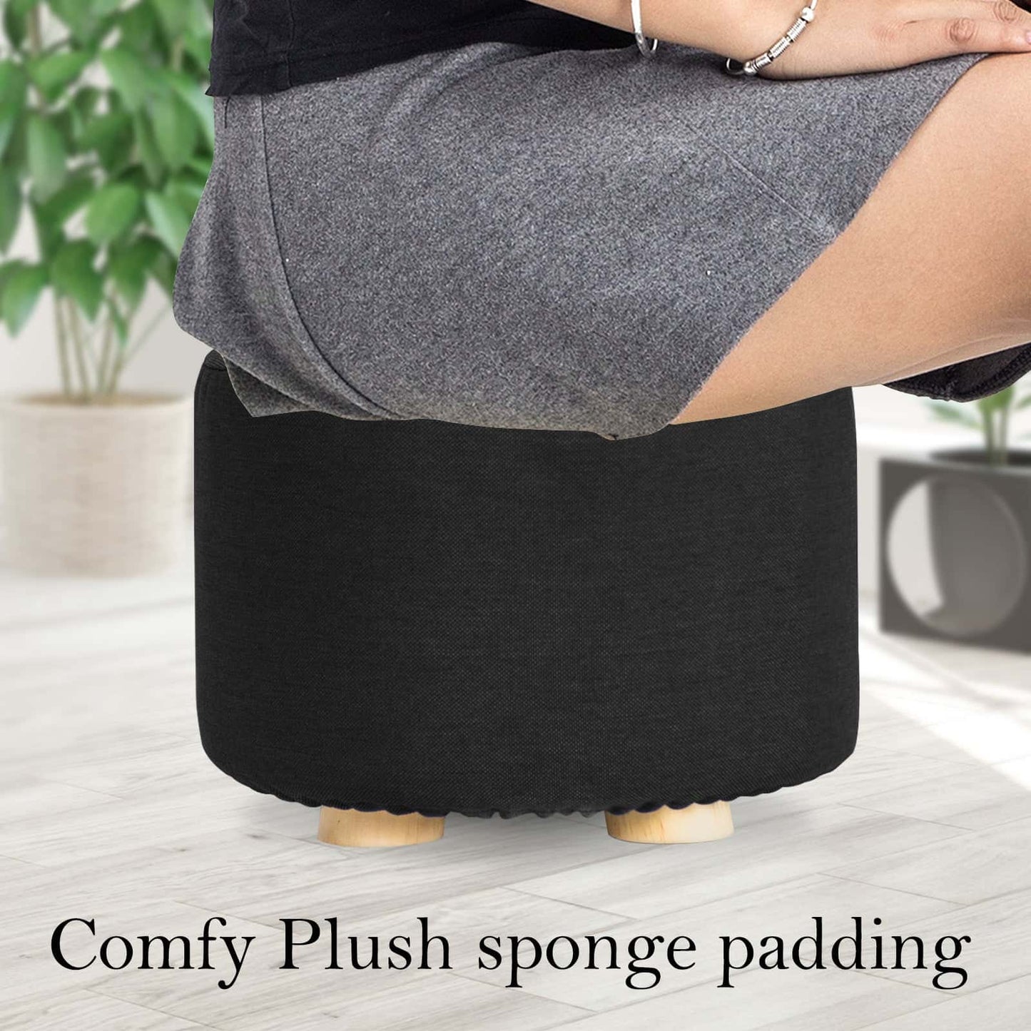 Best Fabric Ottoman Round Wooden Leg Foot Stool - BLACK | Buy Online at Furniture Things Australia