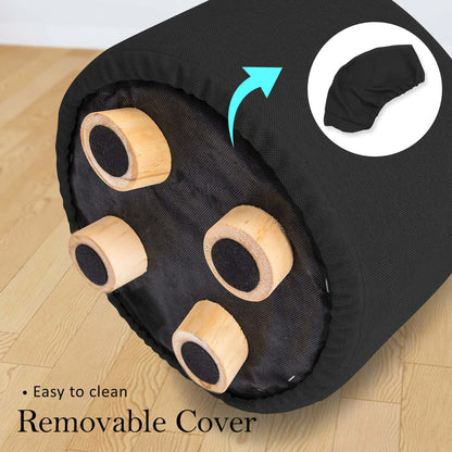 Best Fabric Ottoman Round Wooden Leg Foot Stool - BLACK | Buy Online at Furniture Things Australia