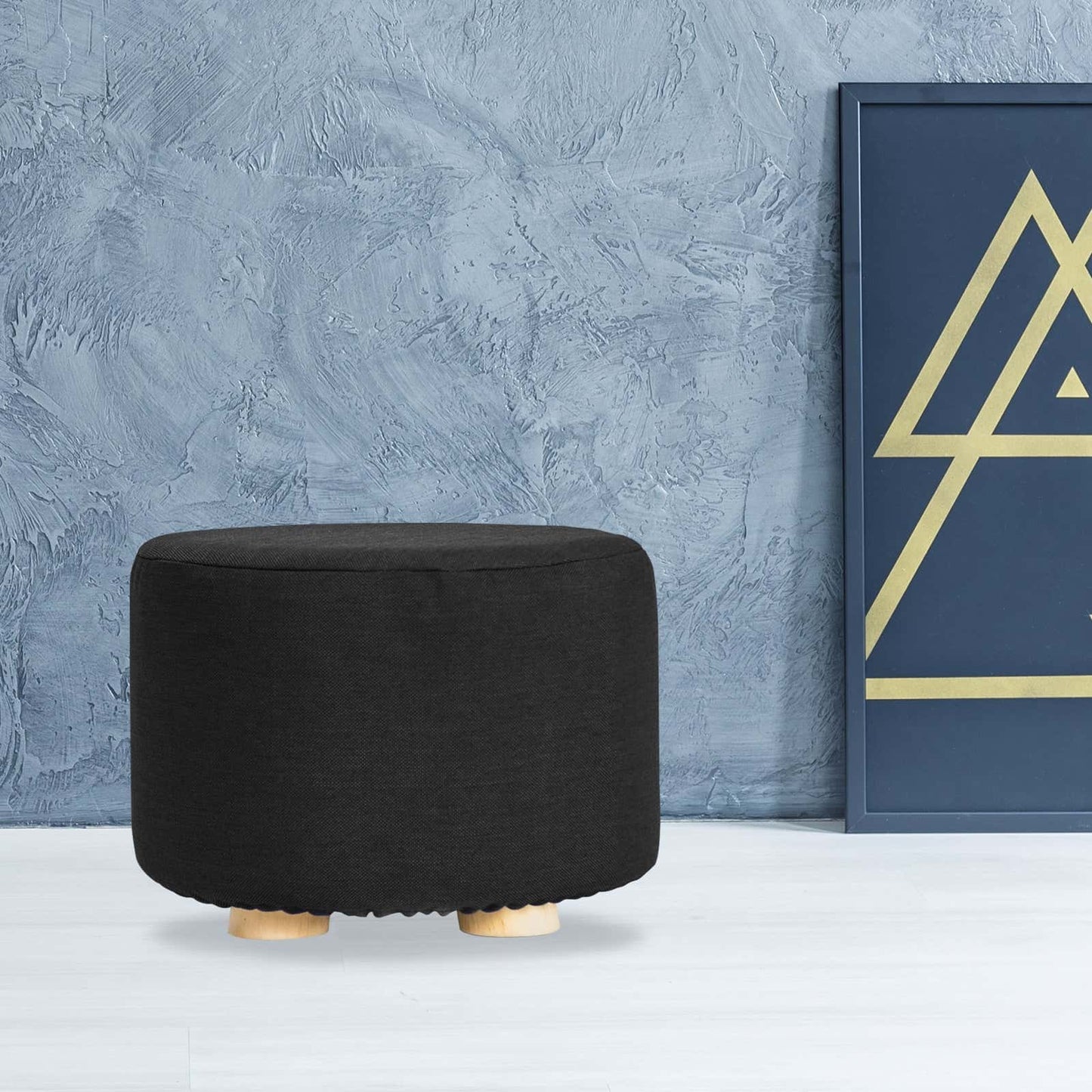 Best Fabric Ottoman Round Wooden Leg Foot Stool - BLACK | Buy Online at Furniture Things Australia