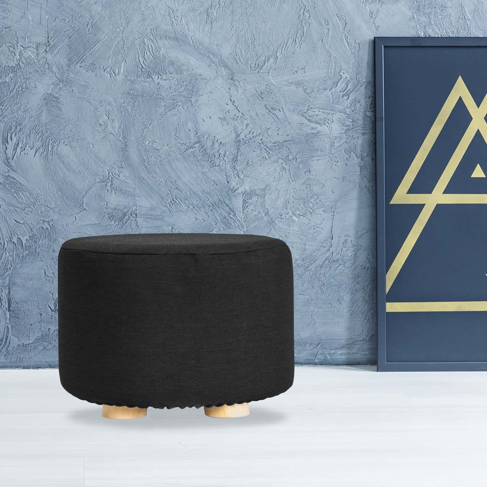 Best Fabric Ottoman Round Wooden Leg Foot Stool - BLACK | Buy Online at Furniture Things Australia