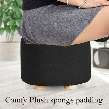 Best 2X Fabric Ottoman Round Wooden Leg Foot Stool - BLACK | Buy Online at Furniture Things Australia