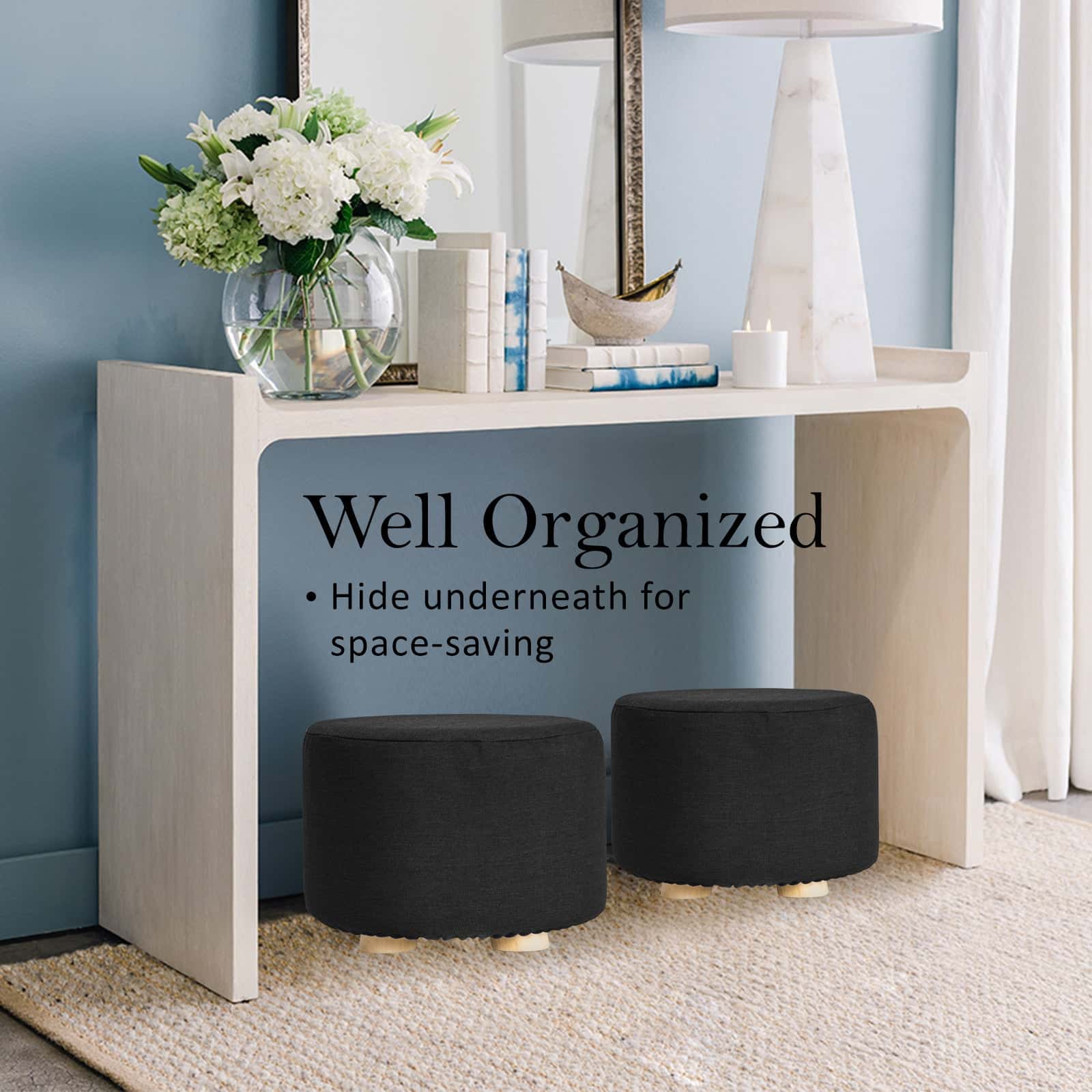 Best 2X Fabric Ottoman Round Wooden Leg Foot Stool - BLACK | Buy Online at Furniture Things Australia
