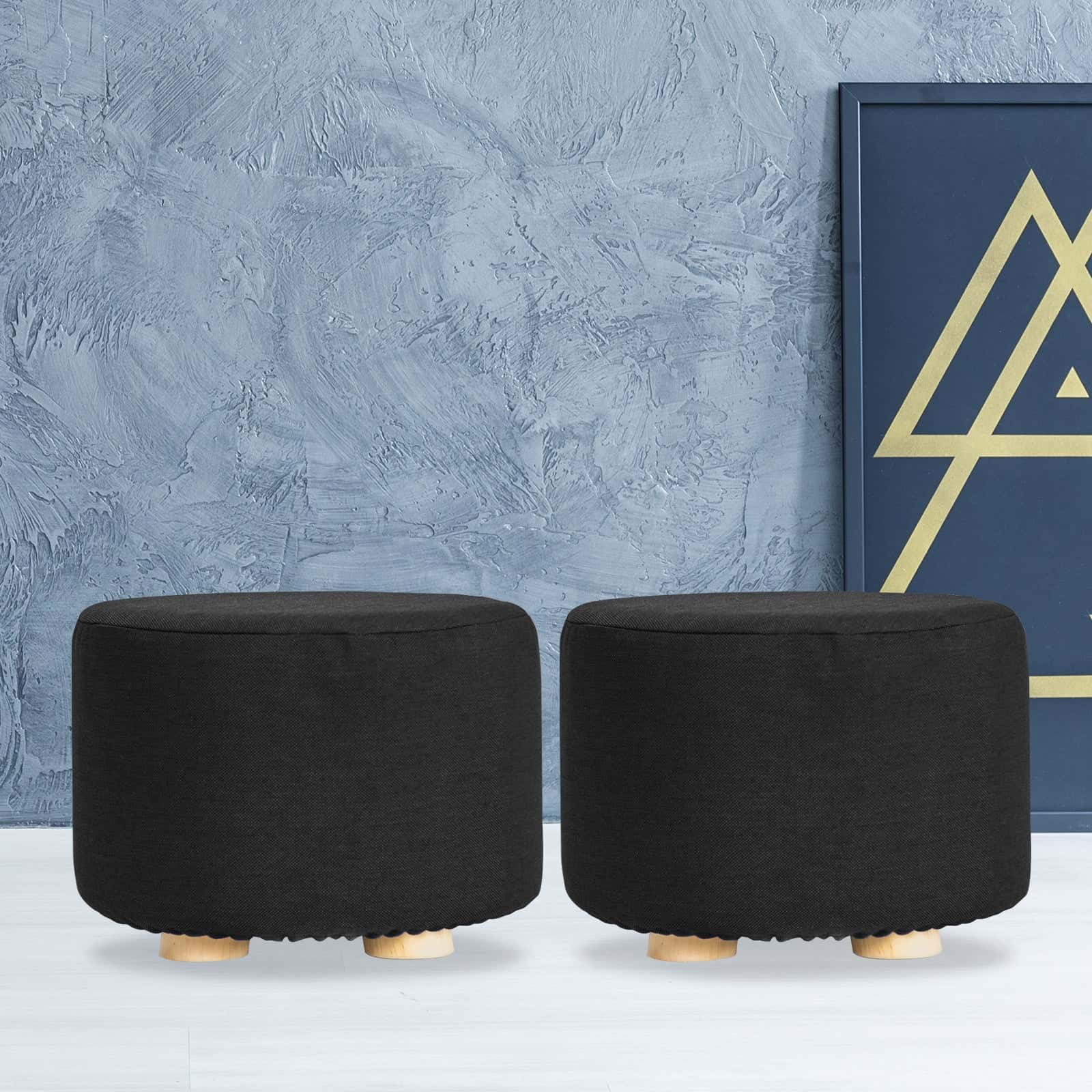 Best 2X Fabric Ottoman Round Wooden Leg Foot Stool - BLACK | Buy Online at Furniture Things Australia