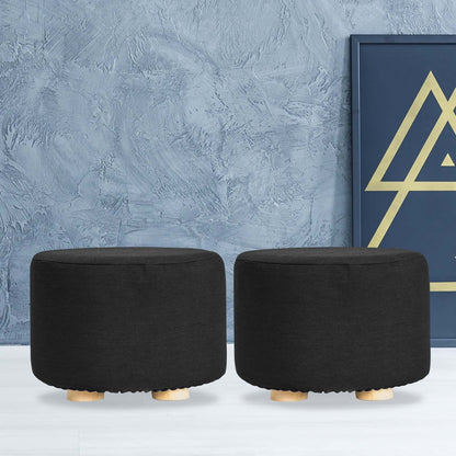 Best 2X Fabric Ottoman Round Wooden Leg Foot Stool - BLACK | Buy Online at Furniture Things Australia
