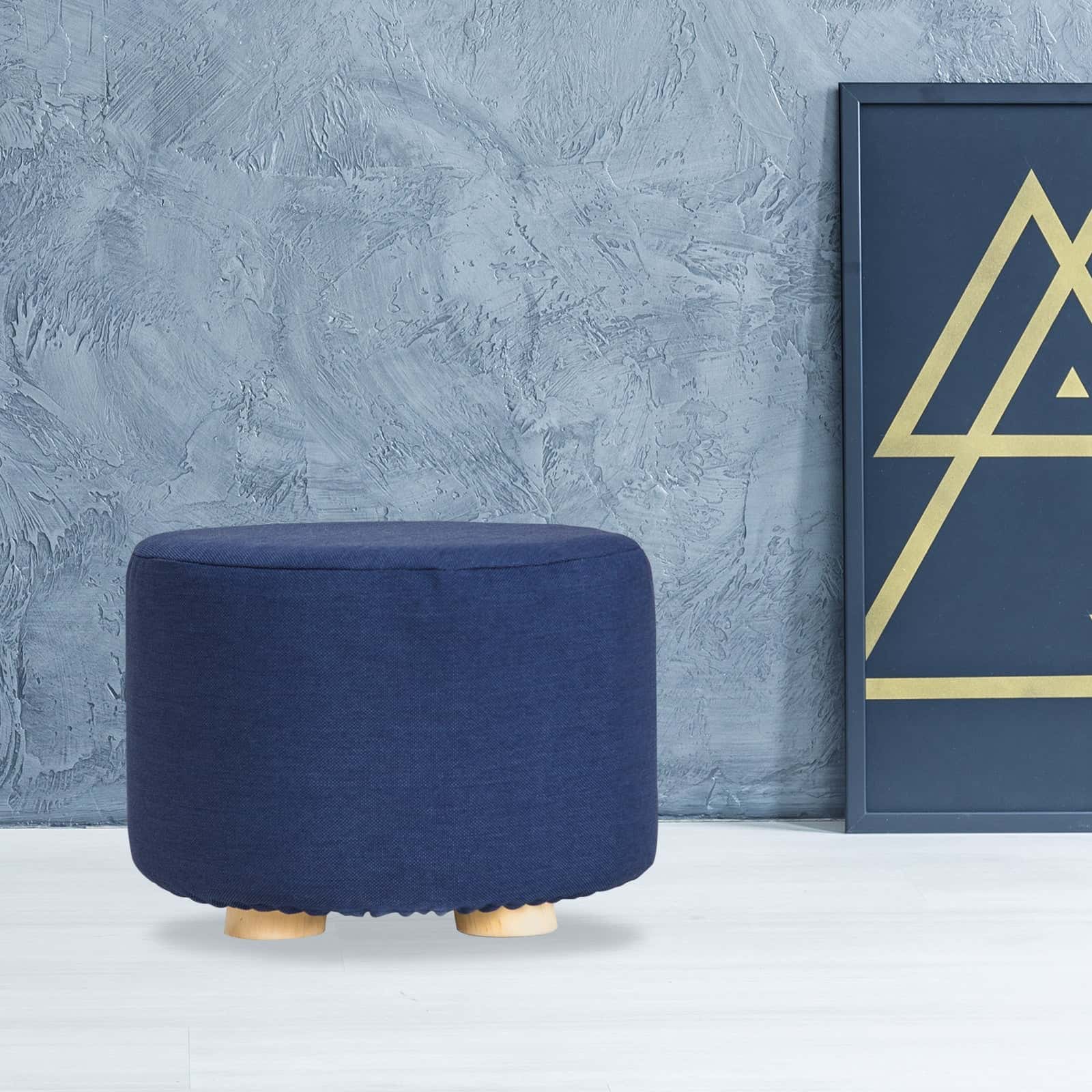 Best Fabric Ottoman Round Wooden Leg Foot Stool - DARK BLUE | Buy Online at Furniture Things Australia