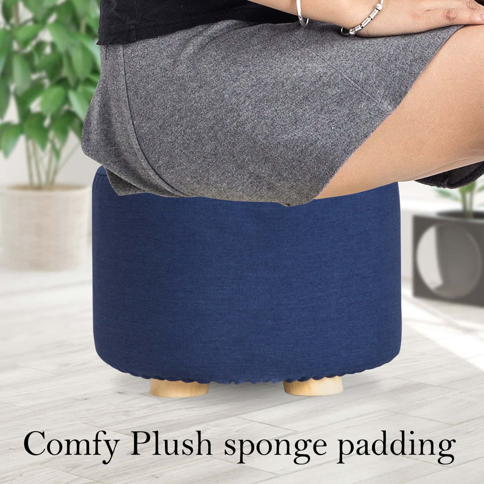 Best 2X Fabric Ottoman Round Wooden Leg Foot Stool - DARK BLUE | Buy Online at Furniture Things Australia