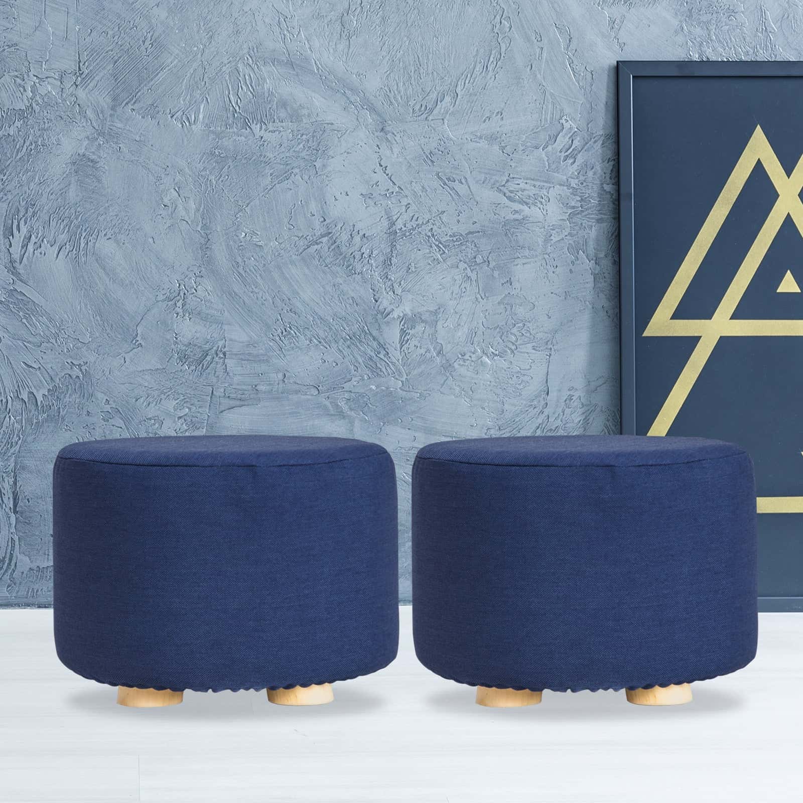 Best 2X Fabric Ottoman Round Wooden Leg Foot Stool - DARK BLUE | Buy Online at Furniture Things Australia